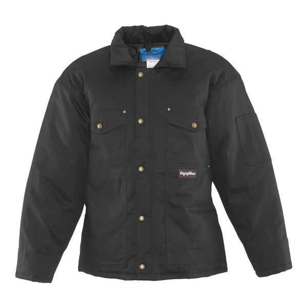 A black RefrigiWear ComfortGuard utility jacket with a zipper and buttons and a patch on it.