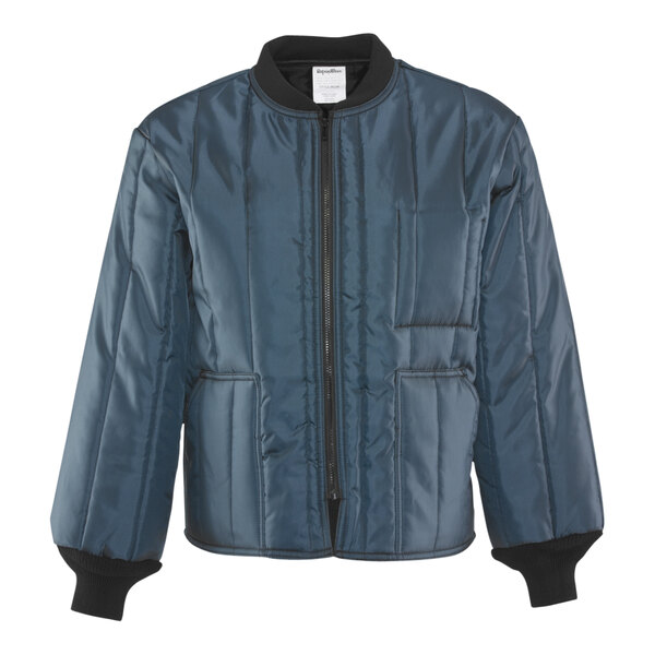 A close-up of a navy RefrigiWear Econo-Tuff jacket with black trims.