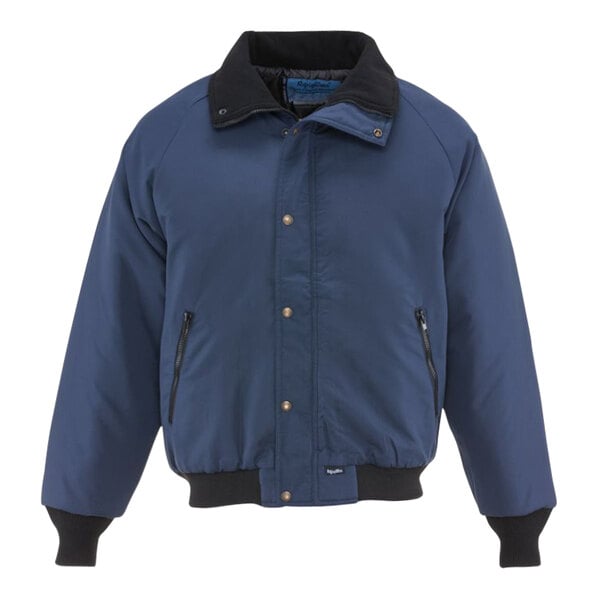 A close up of a navy RefrigiWear ChillBreaker insulated jacket with black trims and a zipper.