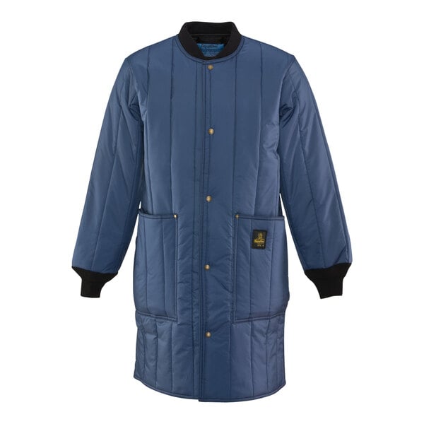 A long blue RefrigiWear jacket with black sleeves.