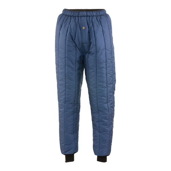 A pair of navy blue RefrigiWear Cooler Wear insulated pants.