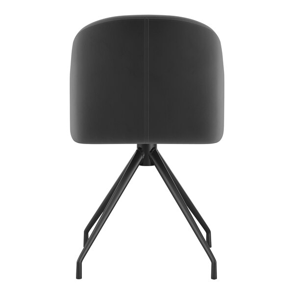 The back of a gray velvet swivel office chair with an oil-rubbed bronze base.