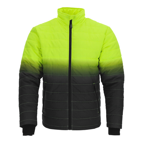 A lime green and navy quilted jacket with reflective stripes and a zipper.