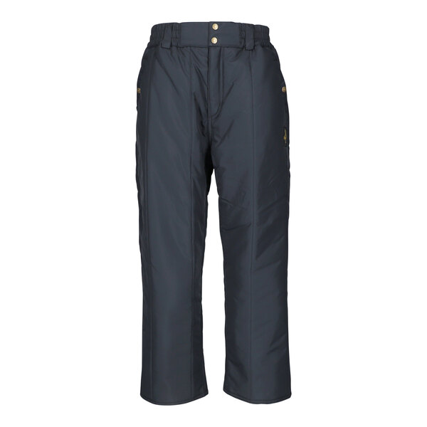 A pair of black RefrigiWear Iron-Tuff insulated pants with a belt.