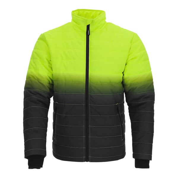 A lime green and navy quilted jacket with yellow and black trim and a zipper.