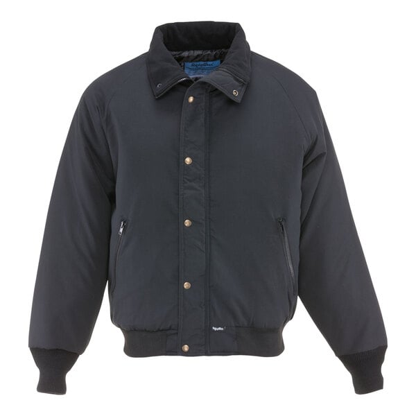 A black RefrigiWear ChillBreaker insulated jacket with a zipper and two buttons.
