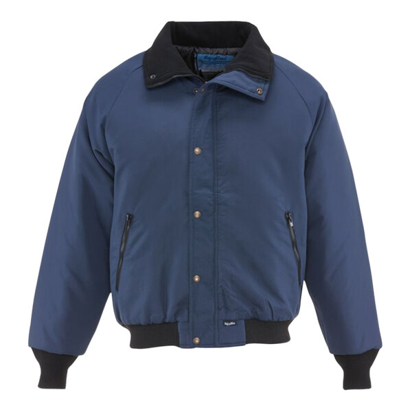 A close up of a navy RefrigiWear insulated jacket with black trims and a zipper.