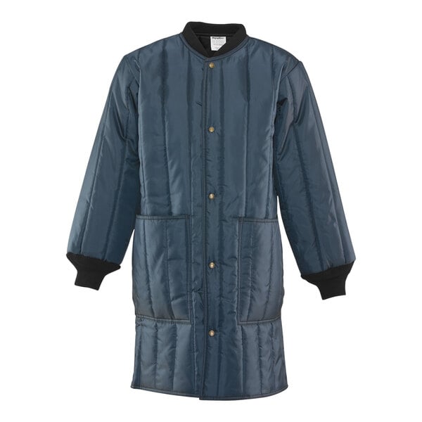 A long blue RefrigiWear jacket liner with black trim.