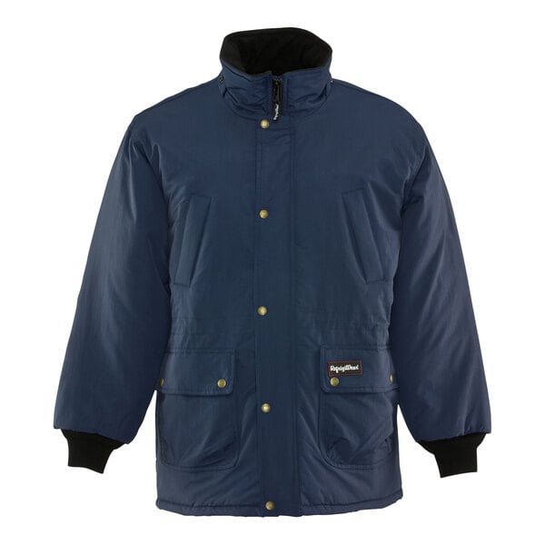 A navy blue RefrigiWear ChillBreaker parka jacket with black sleeves and a hood.