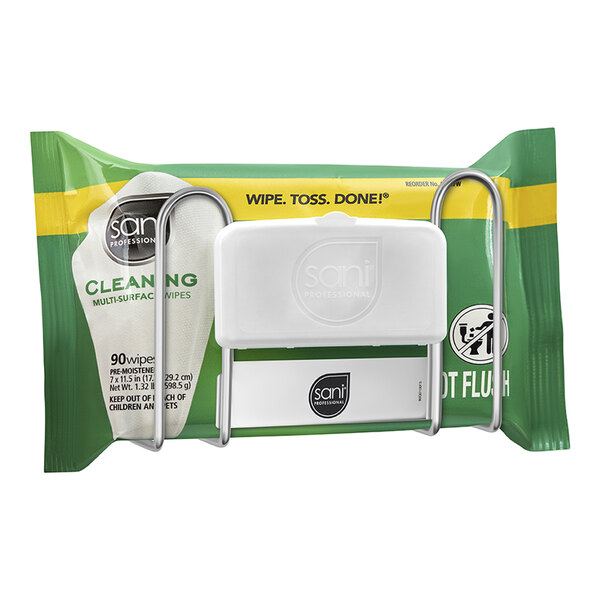 A wall mount bracket holding a pack of Sani Professional cleaning wipes.