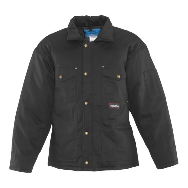 A black RefrigiWear utility jacket with a zipper and buttons and a patch on it.