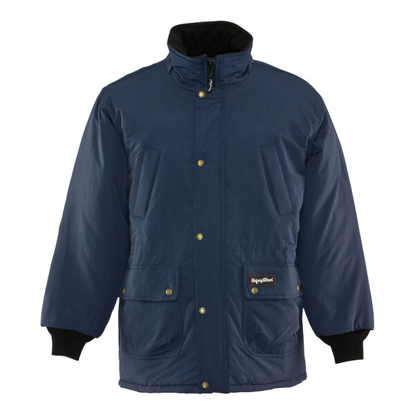A navy blue RefrigiWear ChillBreaker parka jacket with black sleeves and a hood.