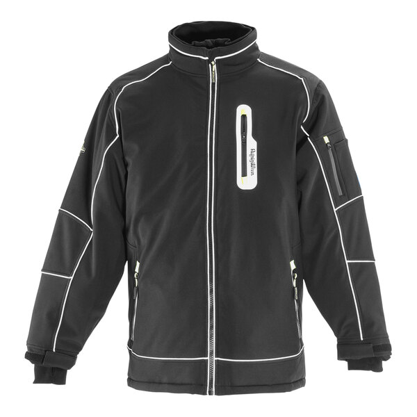 A black RefrigiWear Extreme Softshell jacket with white trim and a zipper.