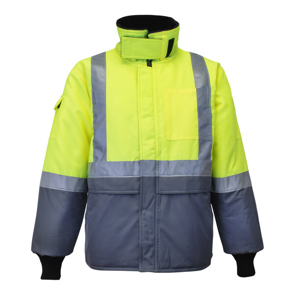 A lime green and grey RefrigiWear freezer jacket with reflective stripes.