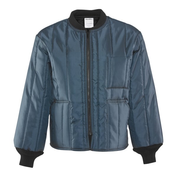 A close-up of a navy RefrigiWear Econo-Tuff jacket with black trims.