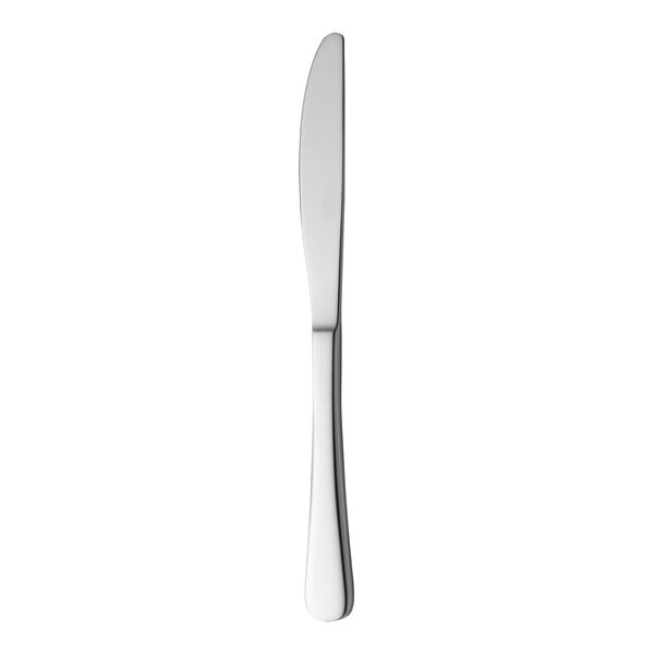 A silver knife with a white handle.