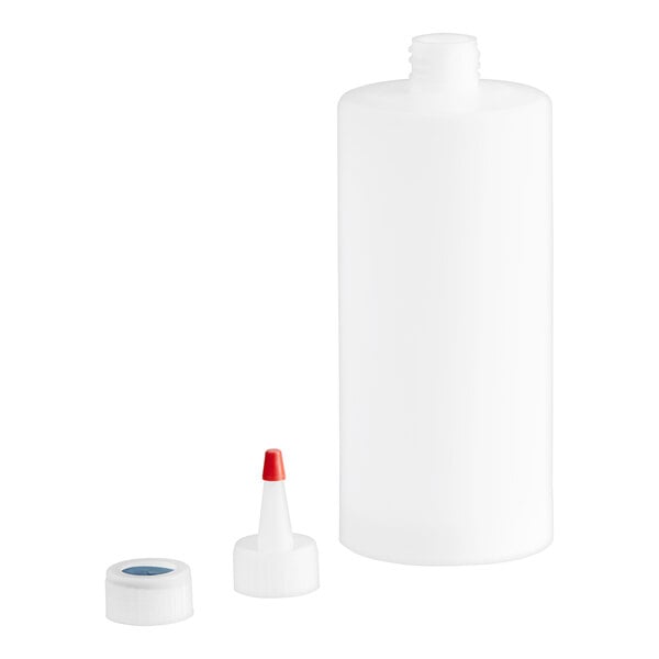 A white bottle with a red cap and a small white cap.