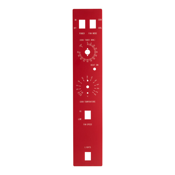 A red rectangular control panel sticker for a Cooking Performance Group convection oven with dials and numbers.