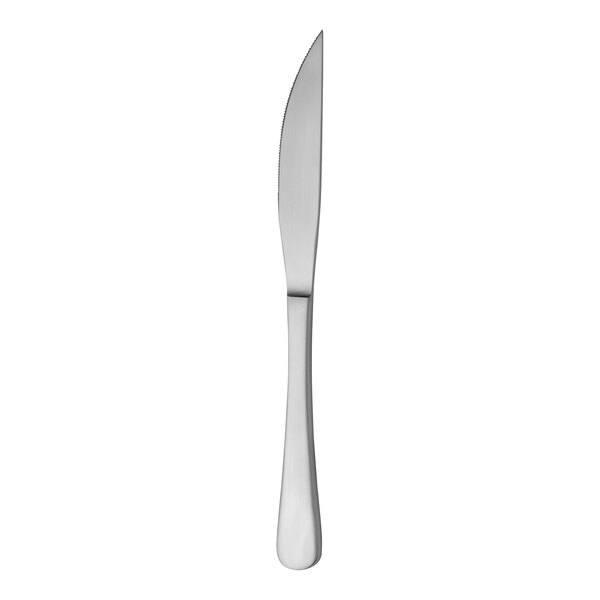 A close-up of a RAK Youngstown Kampton stainless steel steak knife with a silver handle.