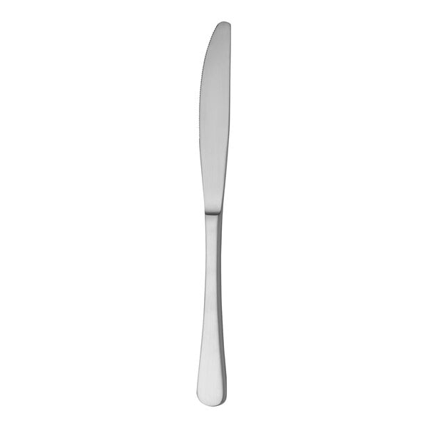 A stainless steel dessert knife with a silver handle on a white background.