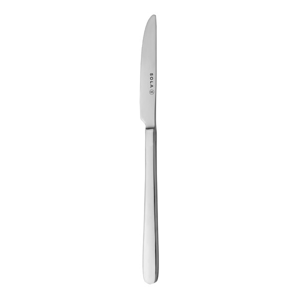 A Sola the Netherlands stainless steel dessert knife with a silver handle.