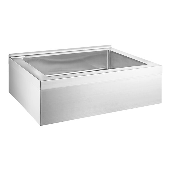 A Steelton stainless steel mop sink with a rectangular bottom and a drain in front.