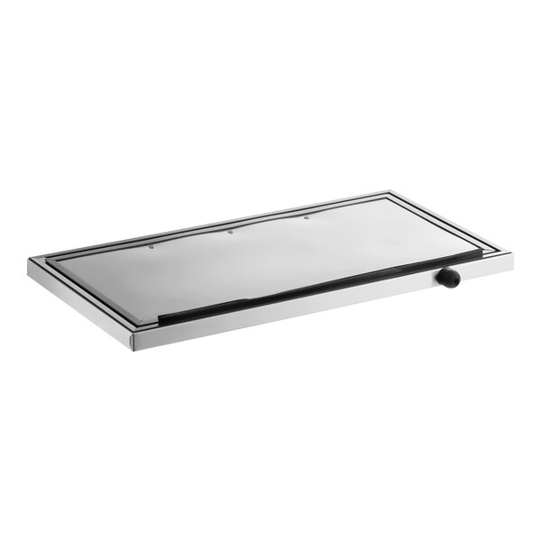 A rectangular metal and glass door with a handle on one side, shown lying flat against a white background.