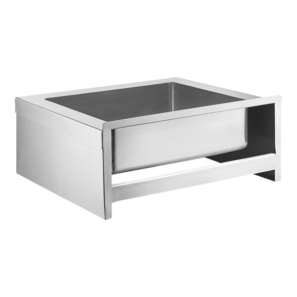 A stainless steel Steelton mop sink with a drain.