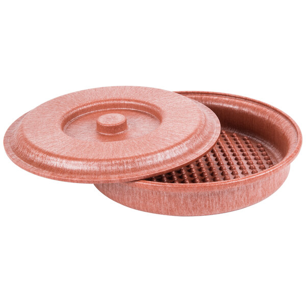 A round brown Polyethylene tortilla server with a lid.
