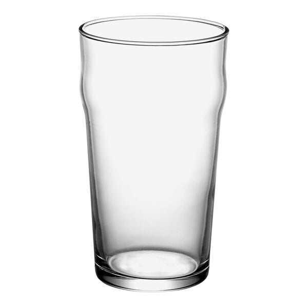 An Acopa Select English pub glass filled with a clear liquid on a white background.