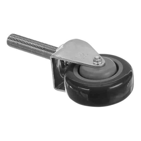 A black rubber wheel with a metal stem.