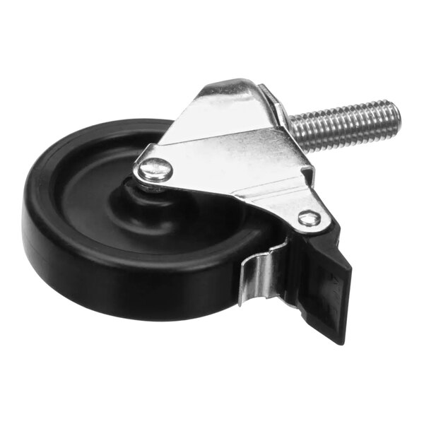 A black and silver metal Henny Penny swivel stem caster with a black rubber wheel.