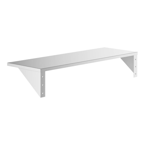 A white rectangular Lavex stainless steel wall mount shelf with metal brackets.