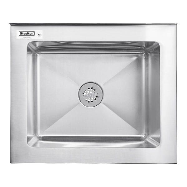 A Steelton stainless steel mop sink with a drain.