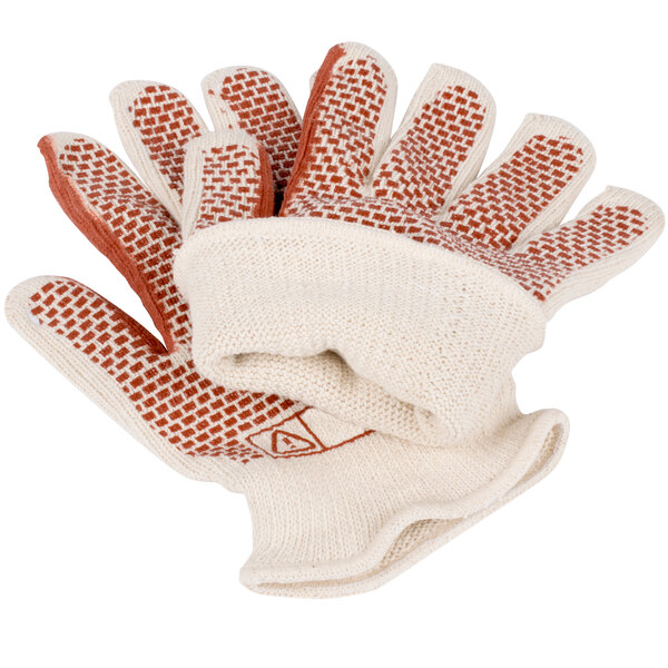 A pair of Cordova hot mill gloves with red dots on a white background.