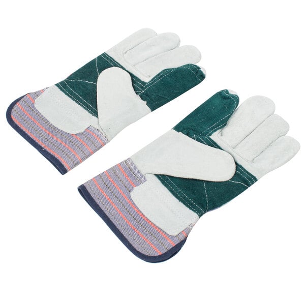 A pair of Cordova warehouse gloves with green and pink stripes and leather palms with rubber cuffs.
