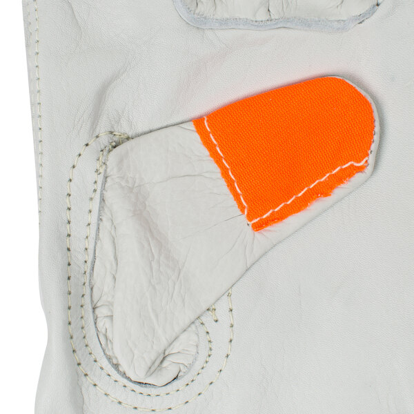 A close up of a pair of Cordova white leather gloves with orange fingertips.