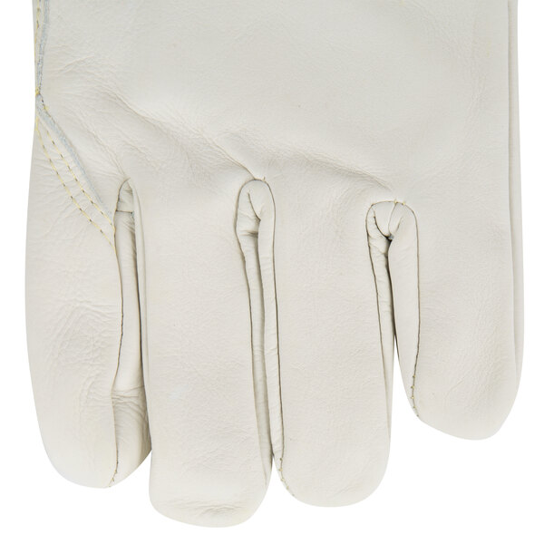 A close up of a white Cordova leather welder's glove with yellow thread.