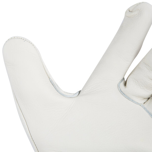 A close up of a Cordova Premium Grain Leather Welder's Glove with a russet split leather cuff and thumb.