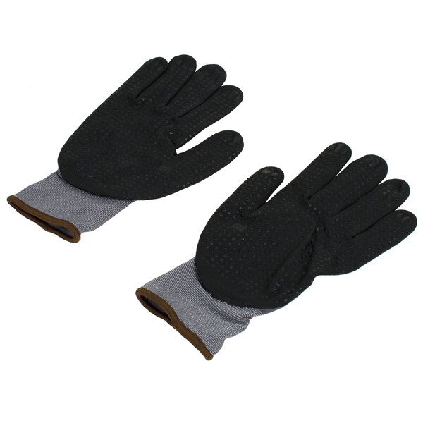 A pair of black Cordova Conquest Plus gloves with grey stitching and nitrile dots.