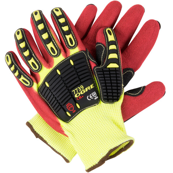 A pair of yellow and red Cordova work gloves.