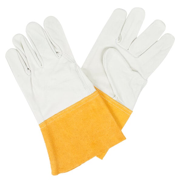 A pair of white Cordova leather gloves with yellow cuffs.