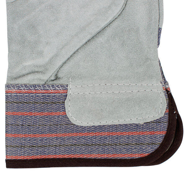 A pair of Cordova striped work gloves with leather palms and rubber cuffs.