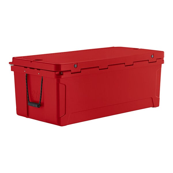 A red cooler with a black handle.