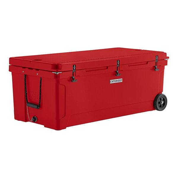 A red CaterGator outdoor cooler with wheels and black handles.