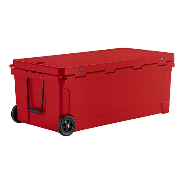 A red CaterGator cooler with wheels.