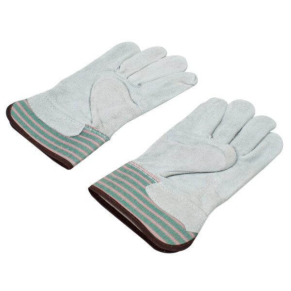 A pair of white Cordova work gloves with green stripes and leather palms.
