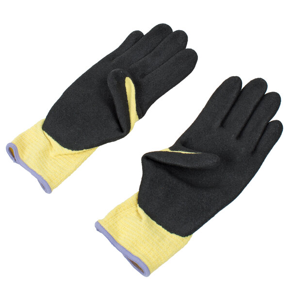 A pair of black and yellow Cordova ActivGrip Advance Kevlar gloves with black microfinish nitrile palms.
