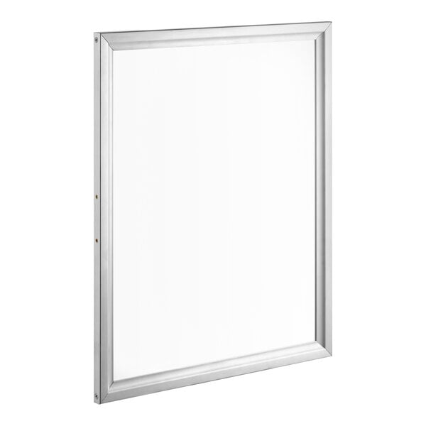 A white rectangular frame with silver trim holding clear panels.