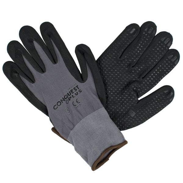 A pair of small Cordova gray and black warehouse gloves with nitrile dots on the palm.